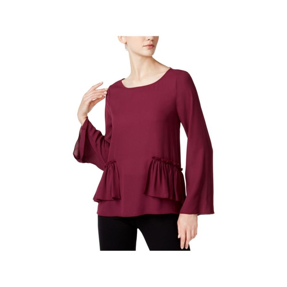 MAISON JULES Womens Maroon Ruffled Bell Sleeve Jewel Neck Tunic Top XS